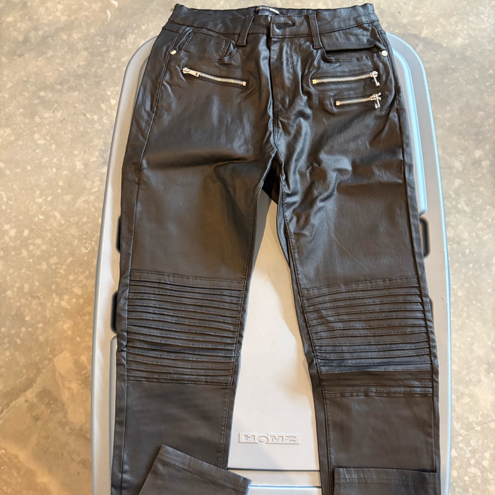 Fashion Nova Black Faux Leather Moto Pants with Zipper Accent